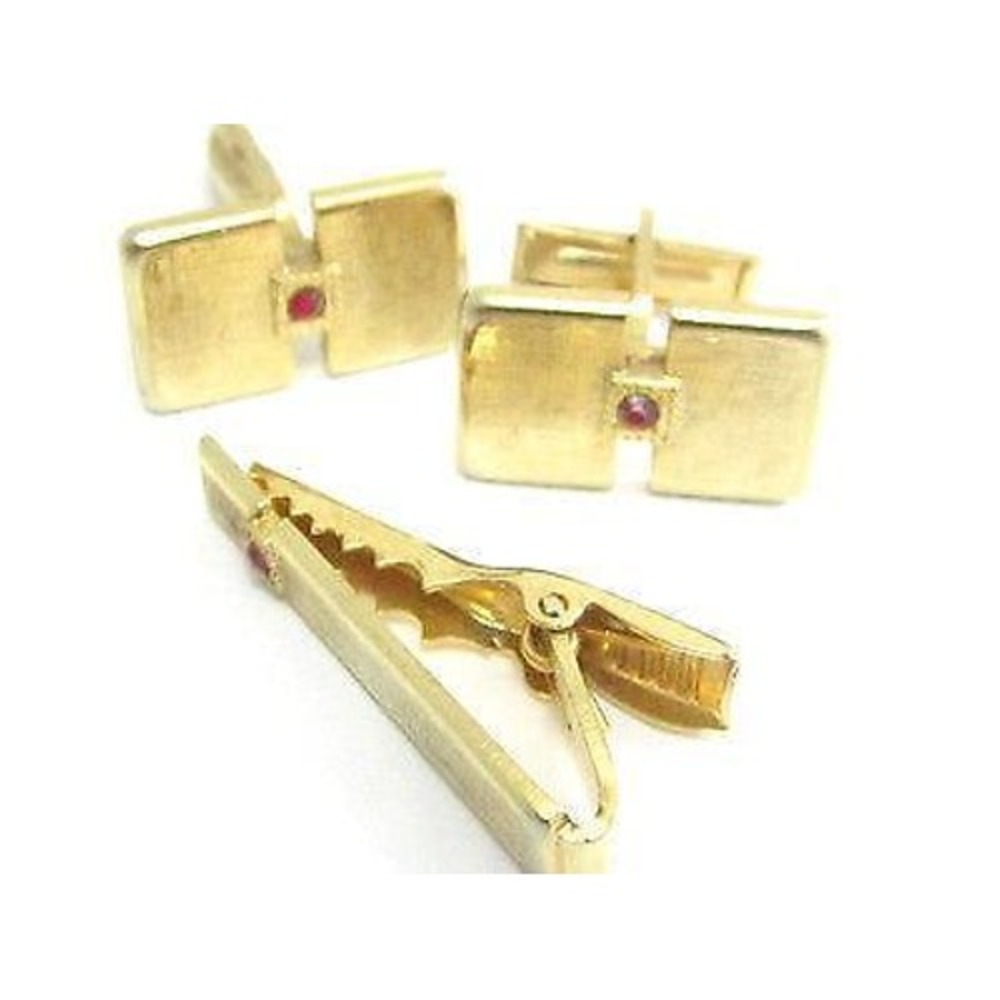 Gold Plated Set of‎ Cufflinks & Tie Clip Clasp With Red Rhinestone Accents